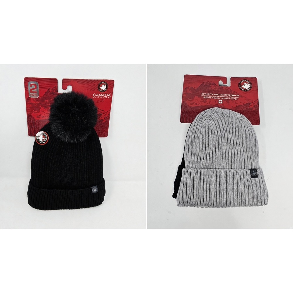 Canada Weather Gear Beanie Hat NEW 2 Pack Womens Thermal Pom Pom Black Gray